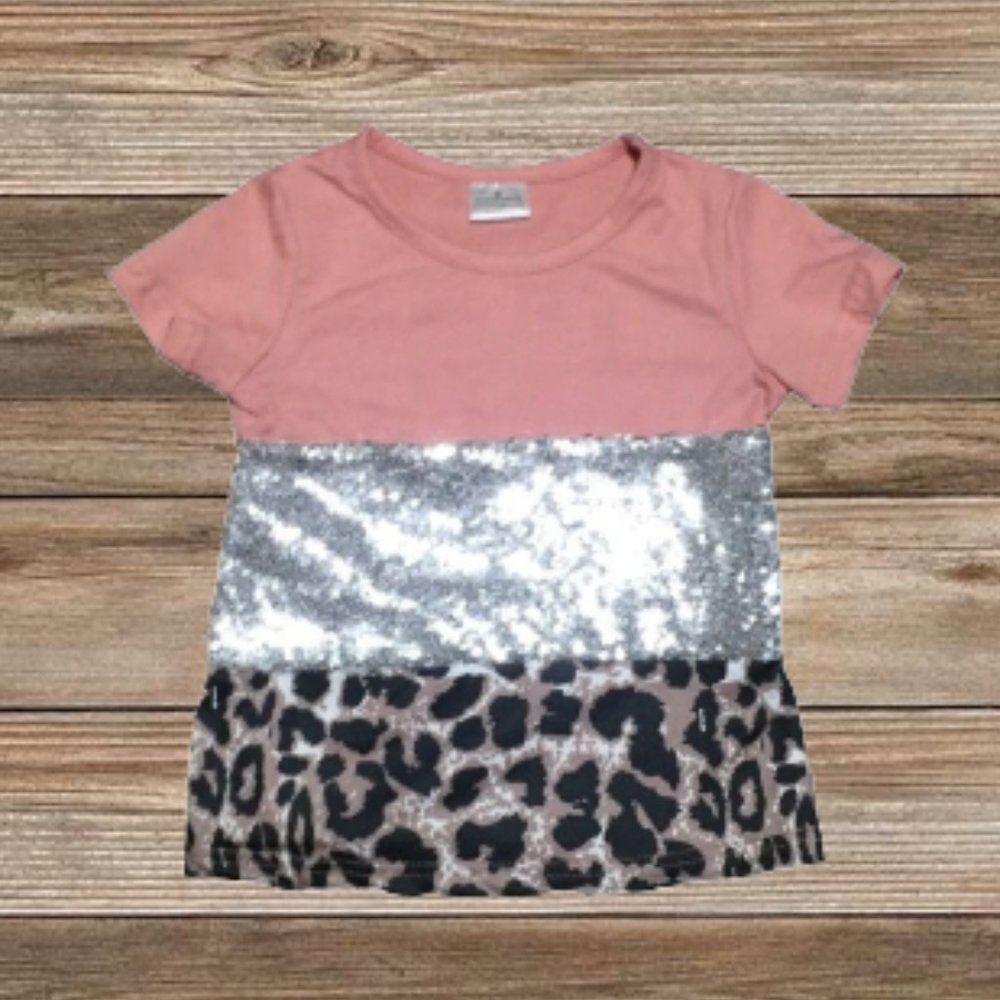 Womens Boutique Sequin Color Block Pink Short Sleeve Shirt